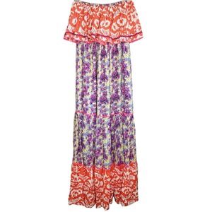 Place du Soleil Floral Ikat Strapless Maxi Dress Small Tiered Boho Beach Cottage